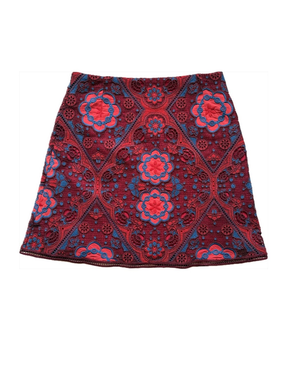 Sandro Paris Lily Lace A-Line Mini Skirt Embroidered Floral Size 3 Red Blue